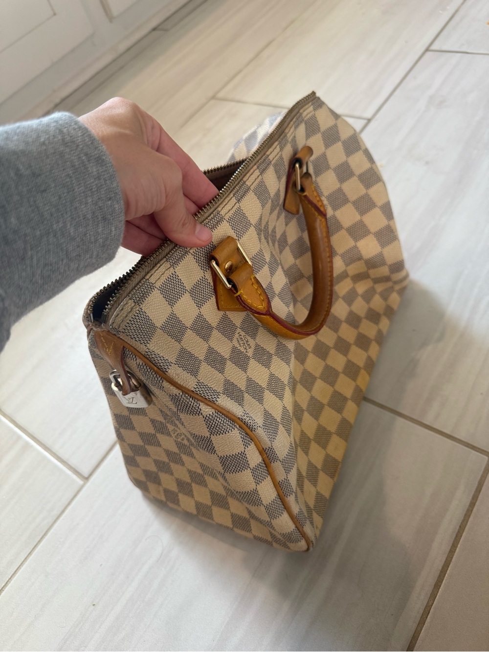 Louis Vuitton Damier Azur Canvas Satchel with Tan Leather Handles